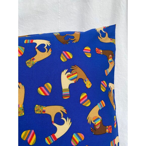 Blue Pillowcase w/ BIPOC Hands Making Hearts w/ Rainbow Hearts | Handmade - Picture 3 of 5